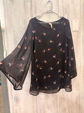 Spare Black Sheer Bird-Print Bell Sleeve Mini Dress